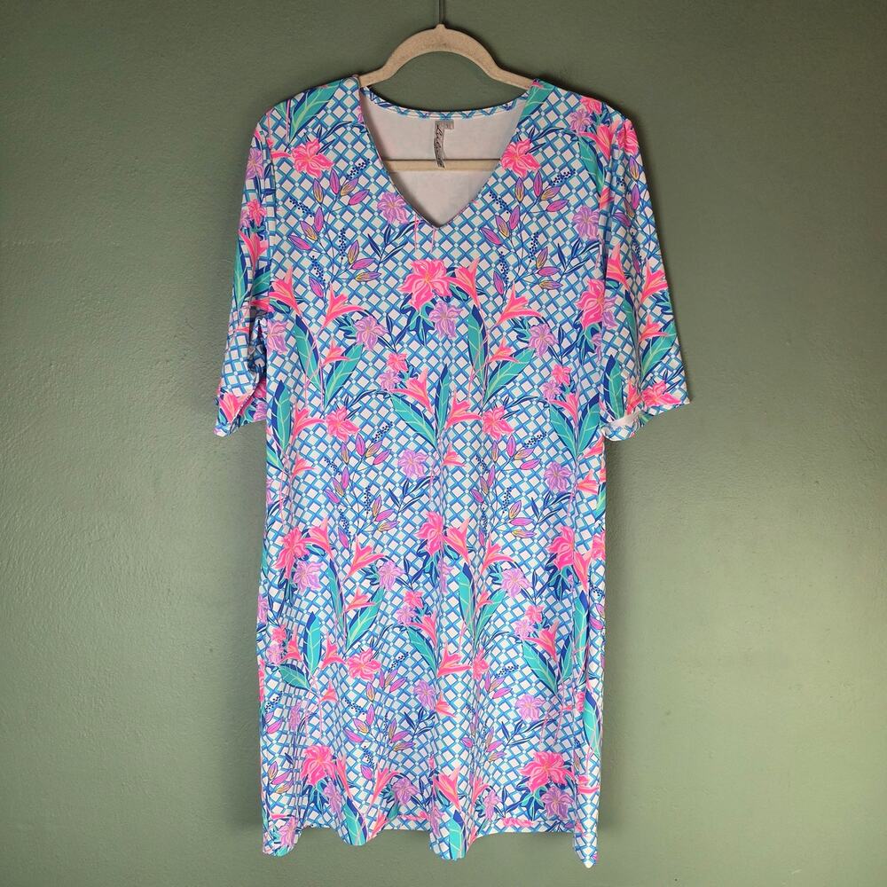 Lulu B Womens XL Floral Geometric VNeck Elbow Sleeve Dress Stretch UPF 50 Resort